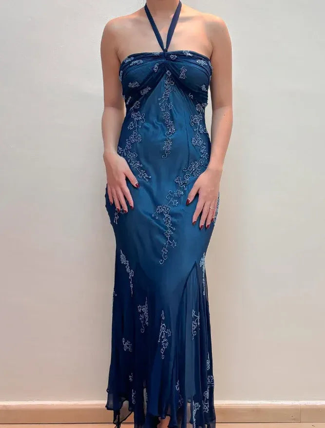 Teal Blue Halter Neck Beaded Floral Mermaid Maxi Gown