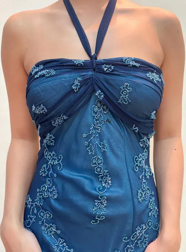 Teal Blue Halter Neck Beaded Floral Mermaid Maxi Gown