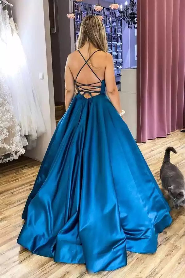 Teal Blue Satin Crisscross Back Ball Gown – Luxe & Bold Evening Party Dress