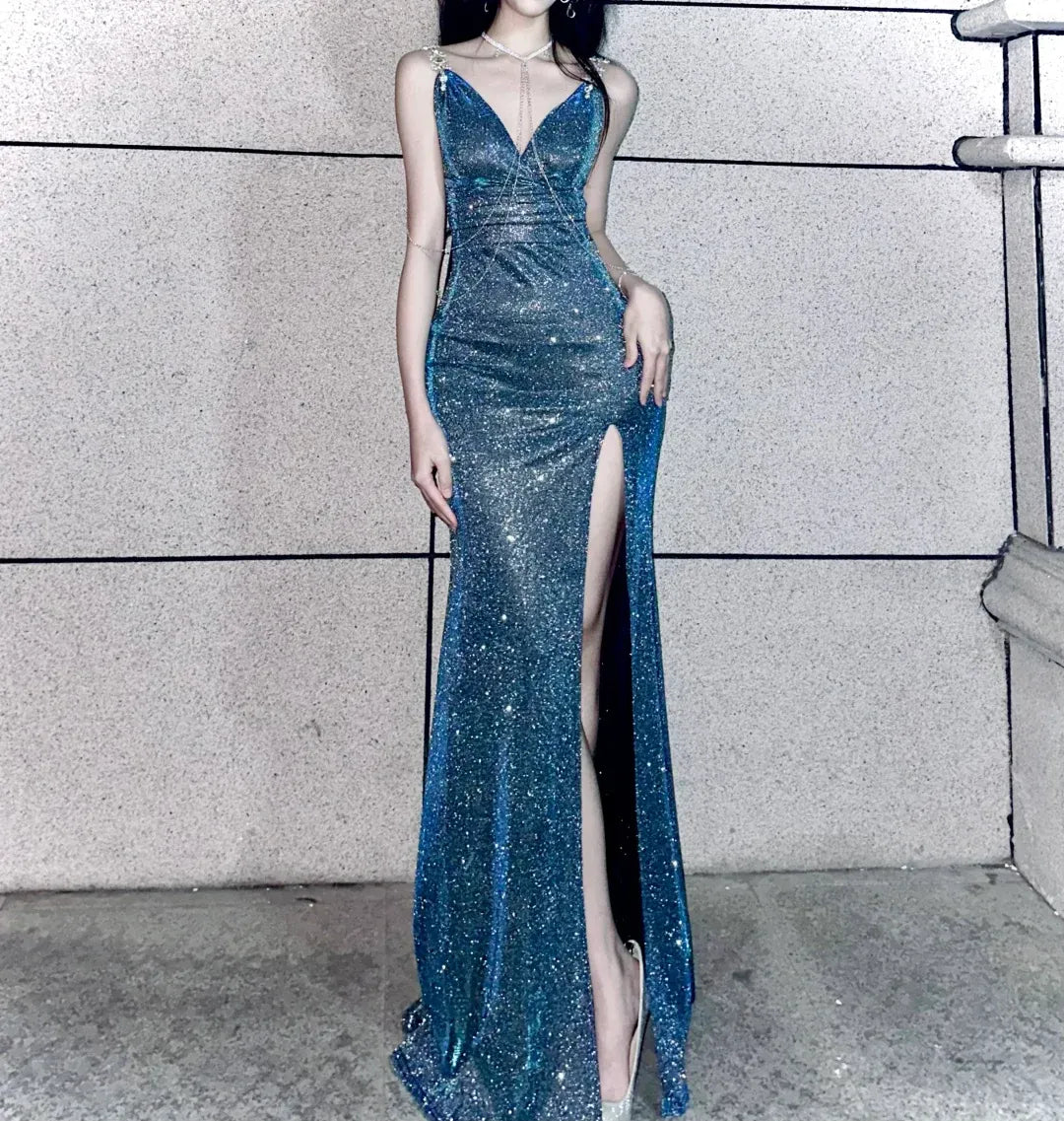Teal Glitter Mermaid Gown – Beaded Strap Prom Dress with Slit & Chain Details