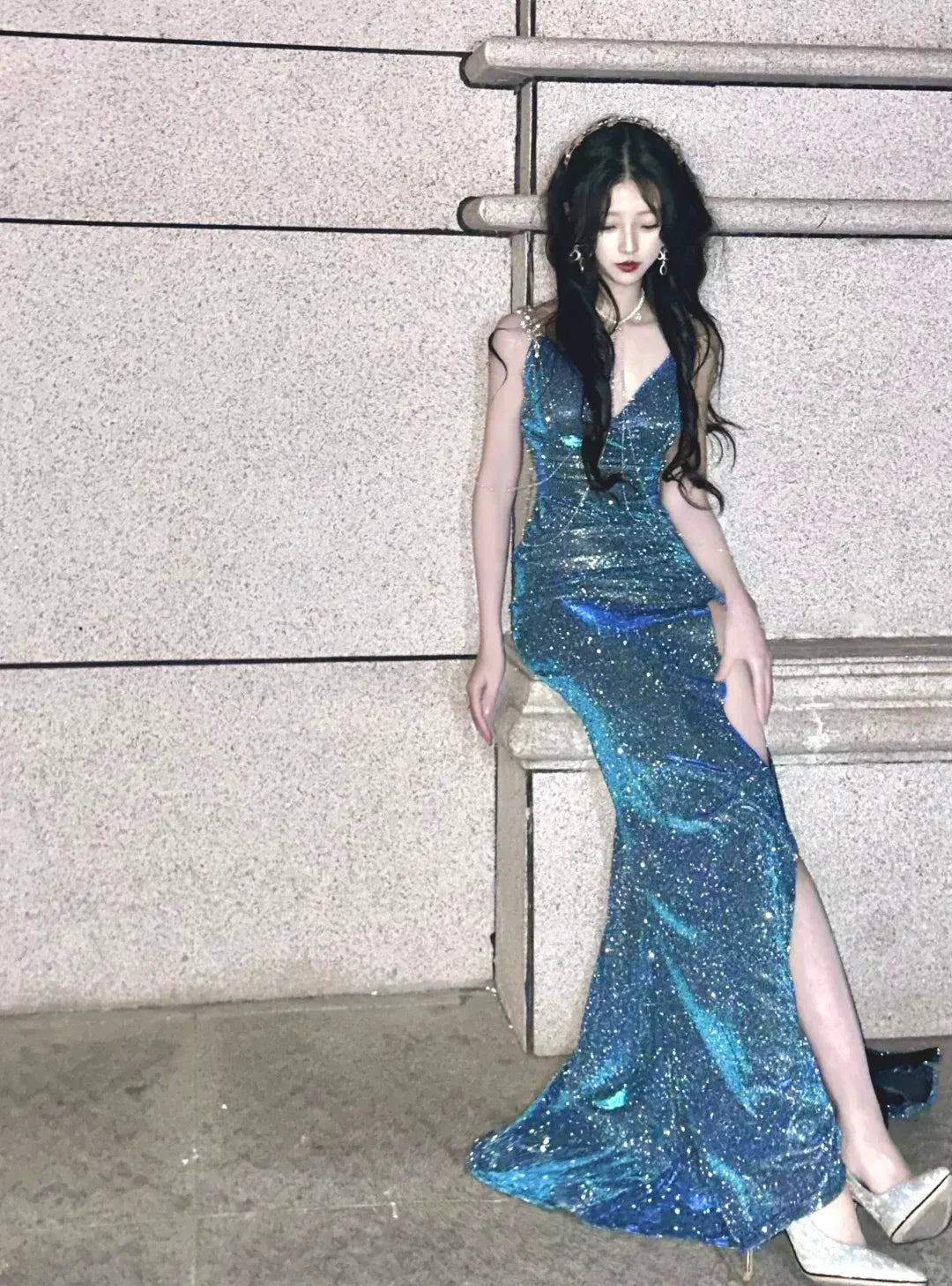 Teal Glitter Mermaid Gown – Beaded Strap Prom Dress with Slit & Chain Details