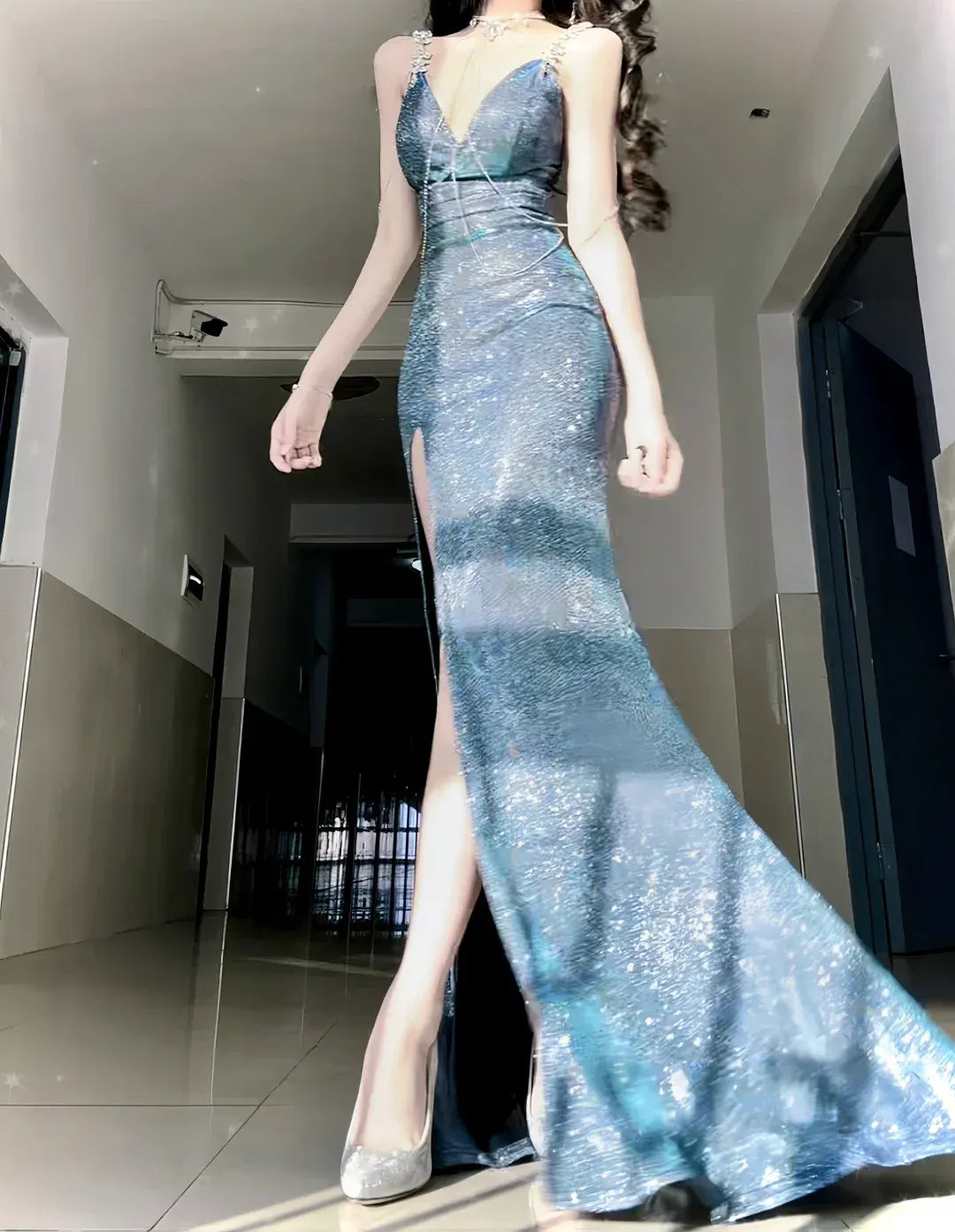 Teal Glitter Mermaid Gown – Beaded Strap Prom Dress with Slit & Chain Details