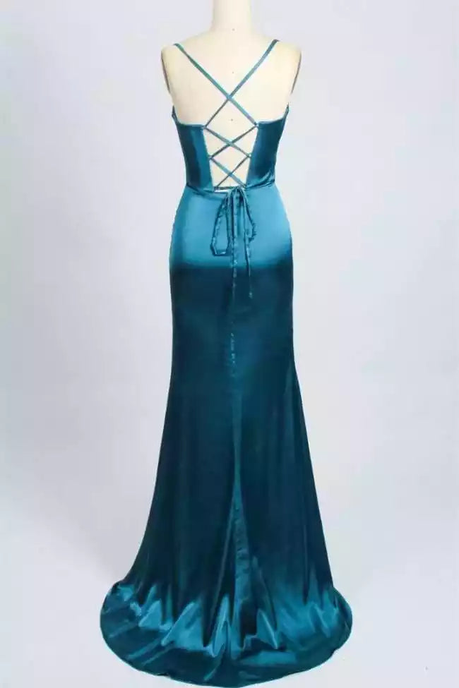 Teal Satin Crisscross-Back Mermaid Gown – Sleek & Modern Evening Party Dress