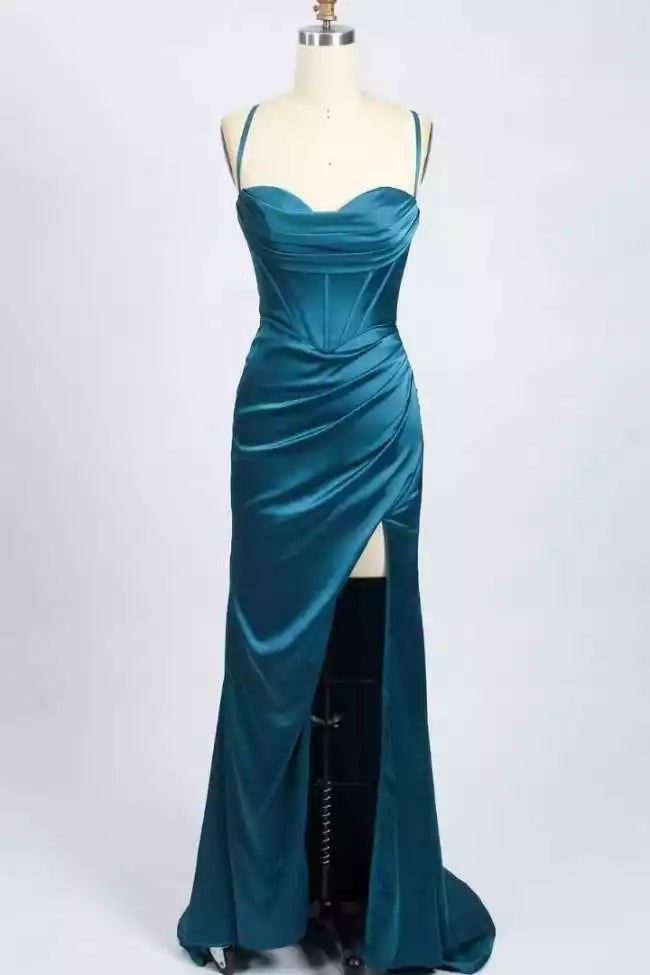 Teal Satin Crisscross-Back Mermaid Gown – Sleek & Modern Evening Party Dress