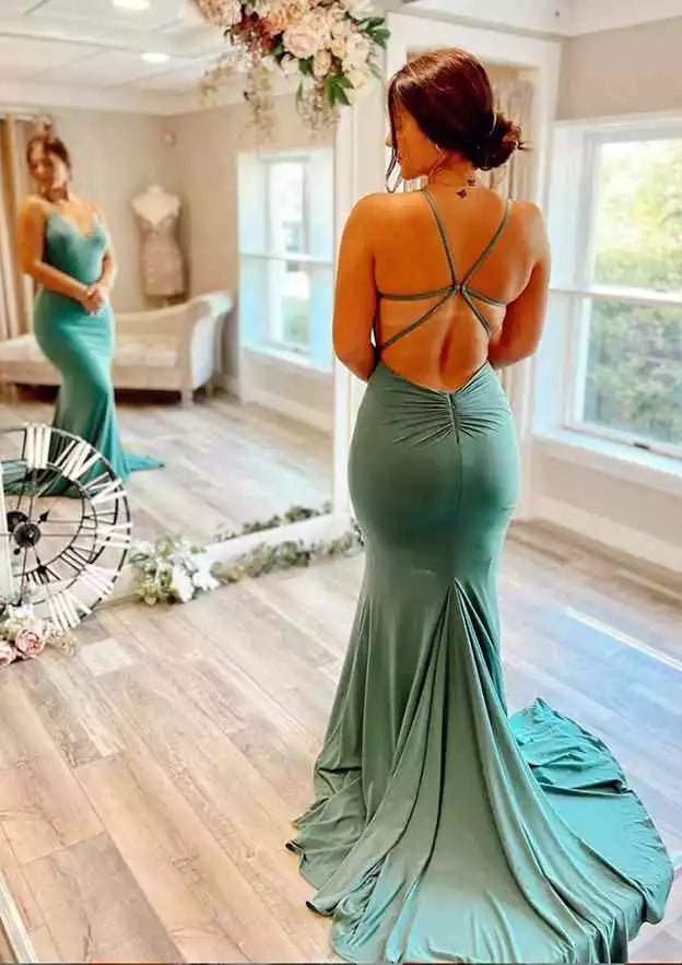 Teal Satin Spaghetti Strap Crisscross Back Mermaid Gown – Sleek & Modern Evening Party Dress