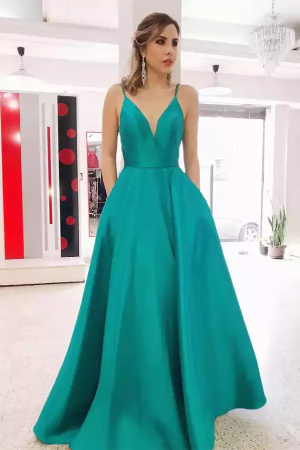 Teal Satin Spaghetti Strap Deep V-Back A-Line Gown with Pockets – Sleek & Practical Evening Party Dress