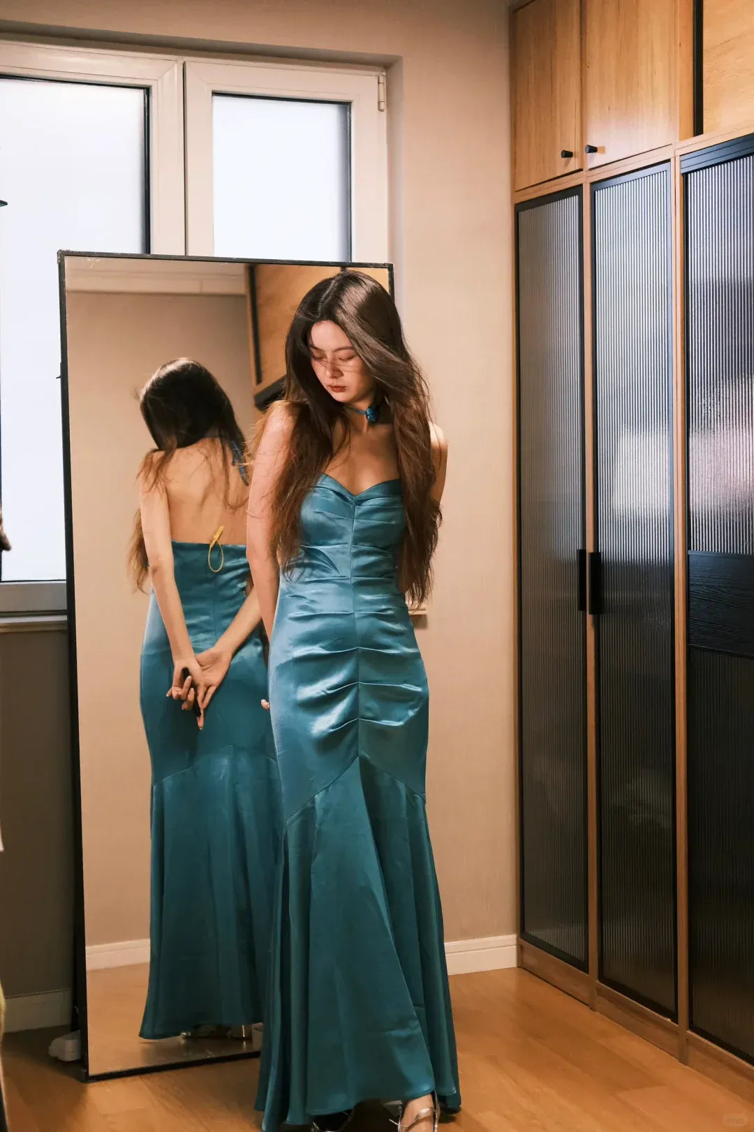Teal Satin Strapless Sweetheart Mermaid Gown with Open Back