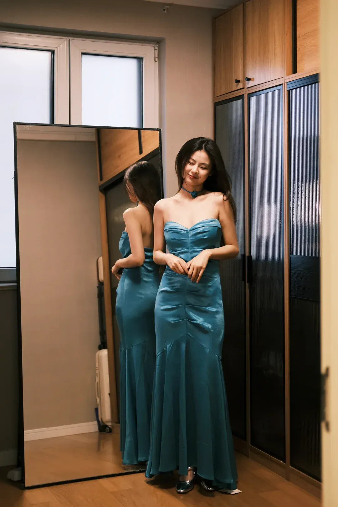 Teal Satin Strapless Sweetheart Mermaid Gown with Open Back