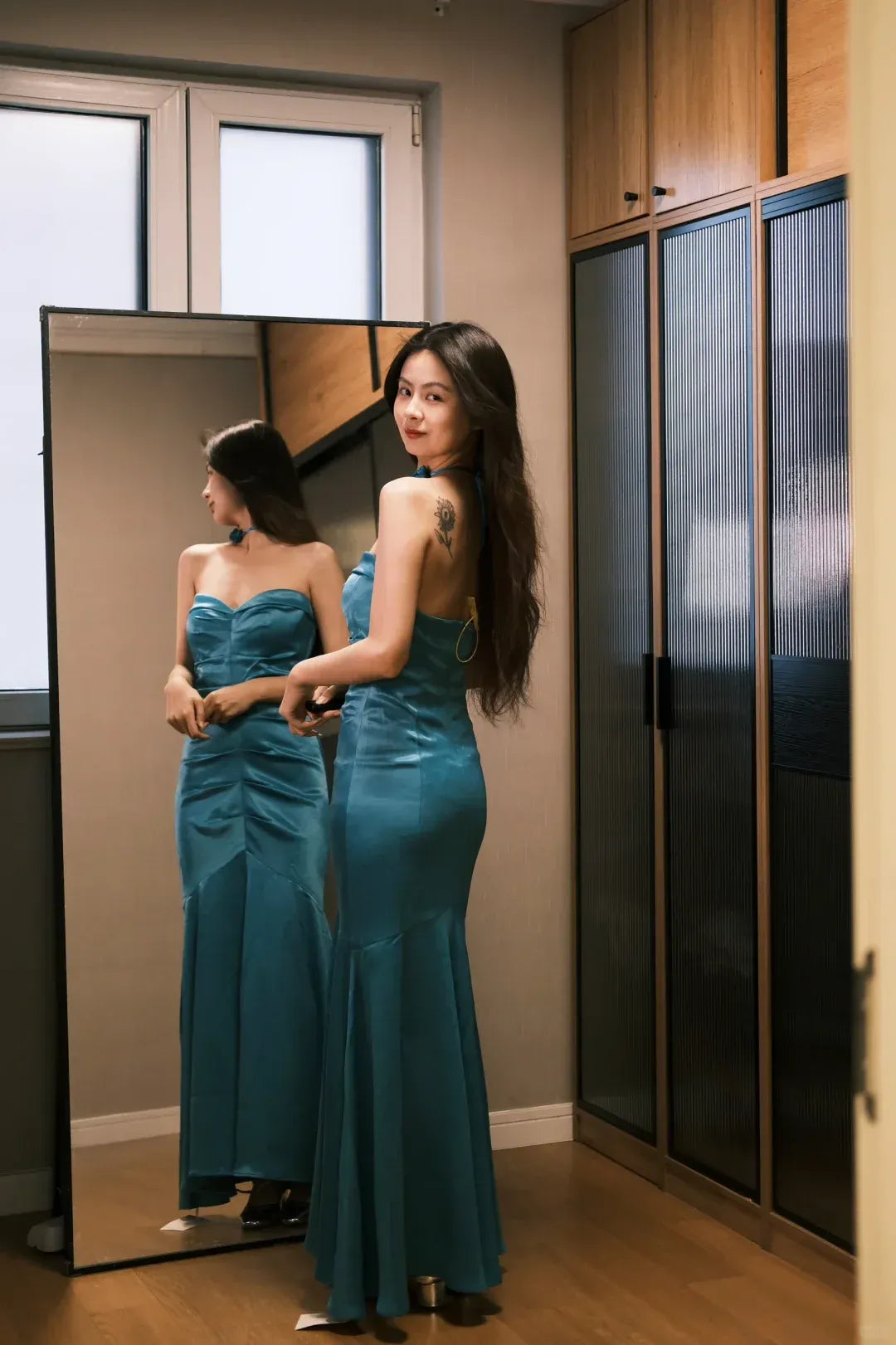 Teal Satin Strapless Sweetheart Mermaid Gown with Open Back