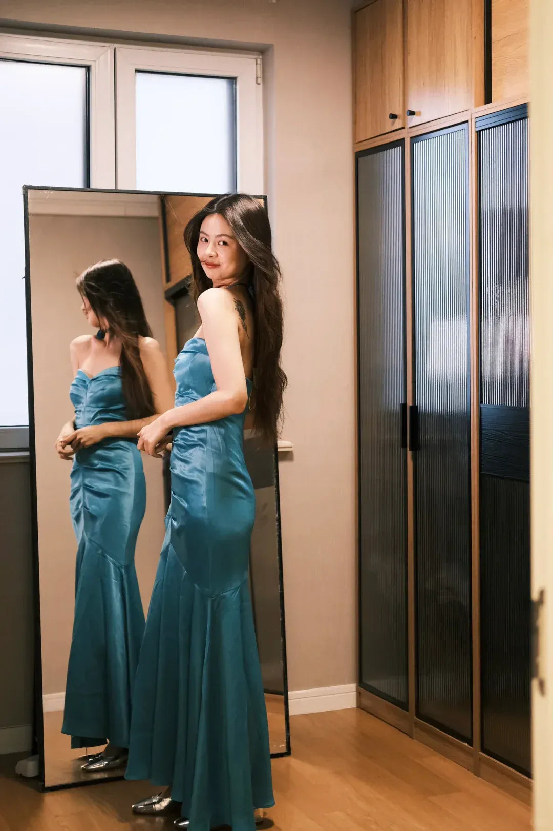 Teal Satin Strapless Sweetheart Mermaid Gown with Open Back
