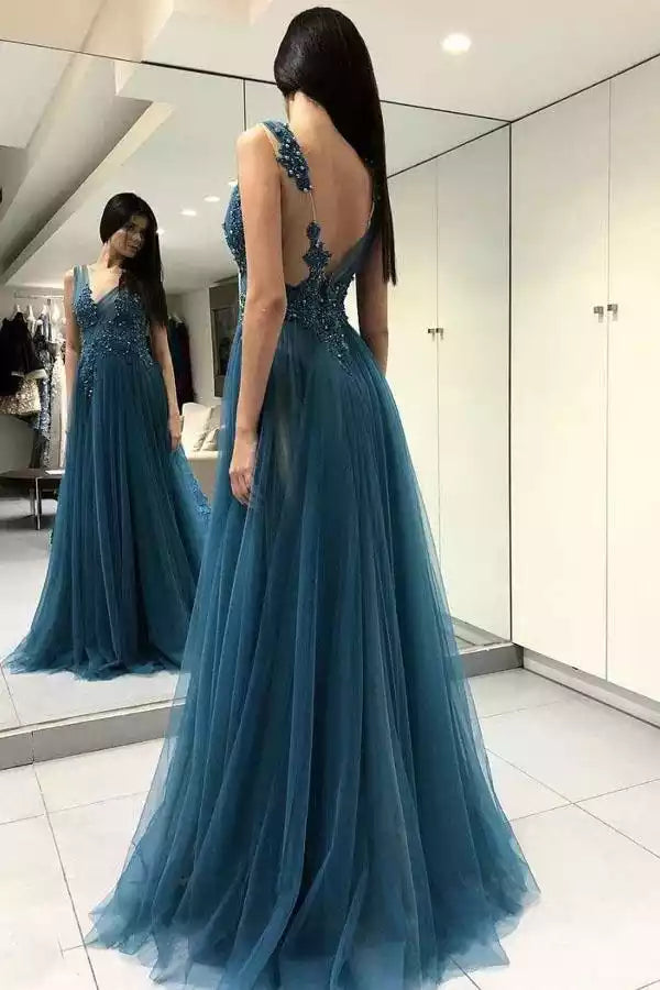 Teal Tulle Beaded Deep V Slit A-Line Gown – Elegant & Dazzling Evening Party Dress