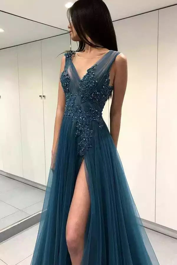 Teal Tulle Beaded Deep V Slit A-Line Gown – Elegant & Dazzling Evening Party Dress