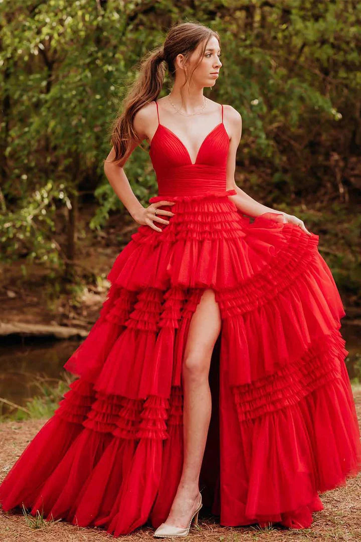 Thin shoulder strap split Prom Dress