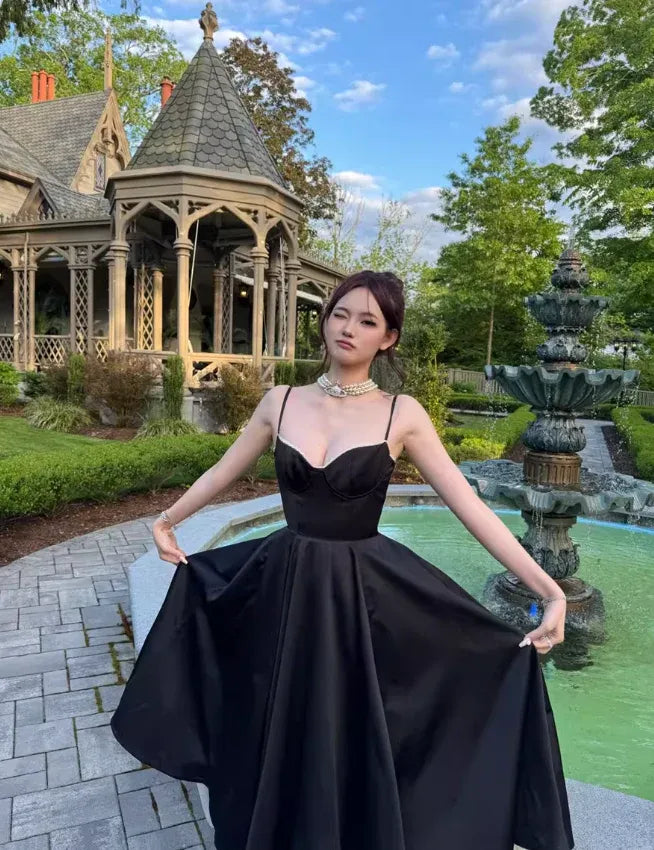 Satin Spaghetti Strap Sweetheart Neck A-Line Midi Dress