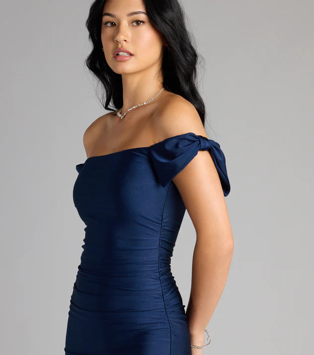 Tie It Up Bow Off-The-Shoulder Mini Dress Homecoming Dresses