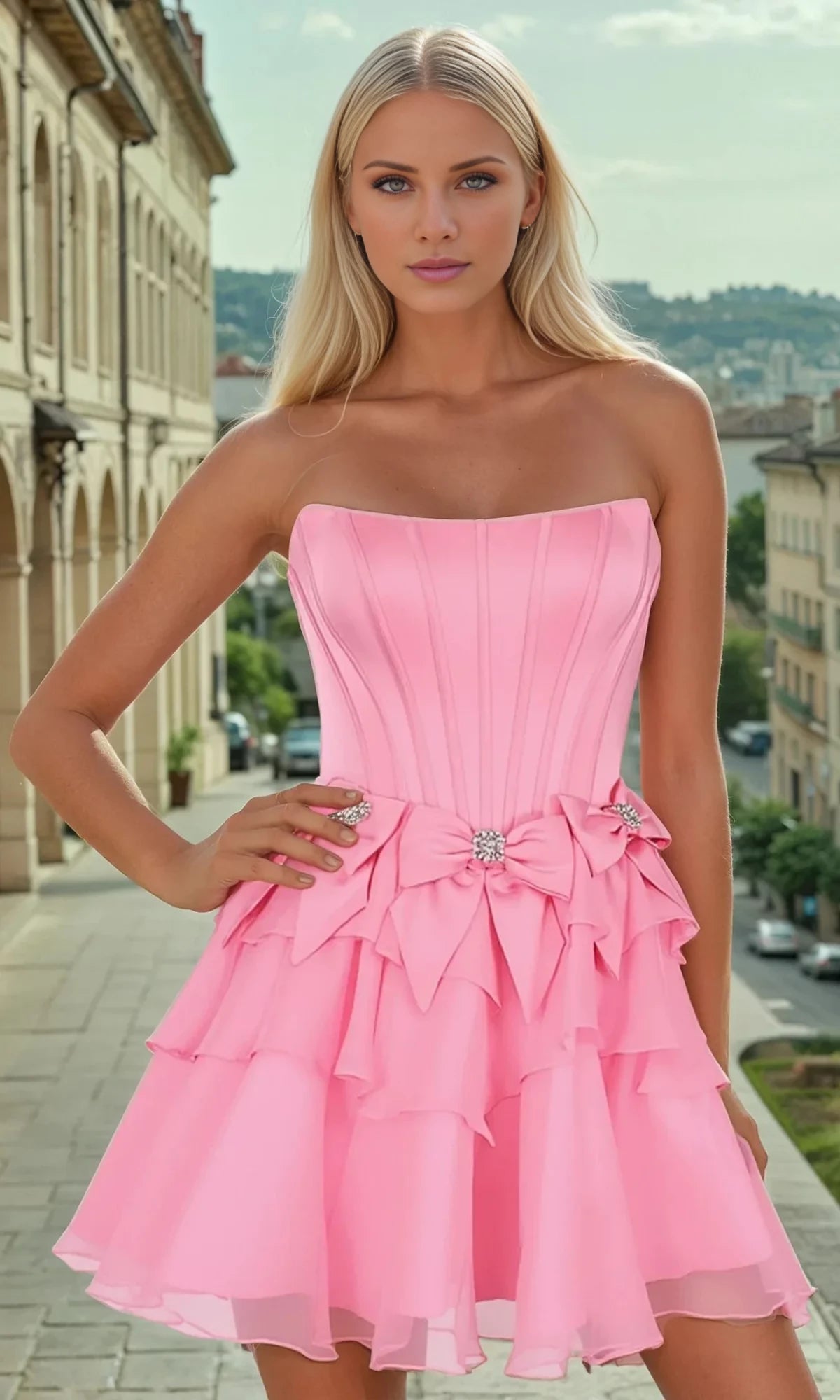 Tiered Hoco Dress with Bow PromGirl Homecoming Dress