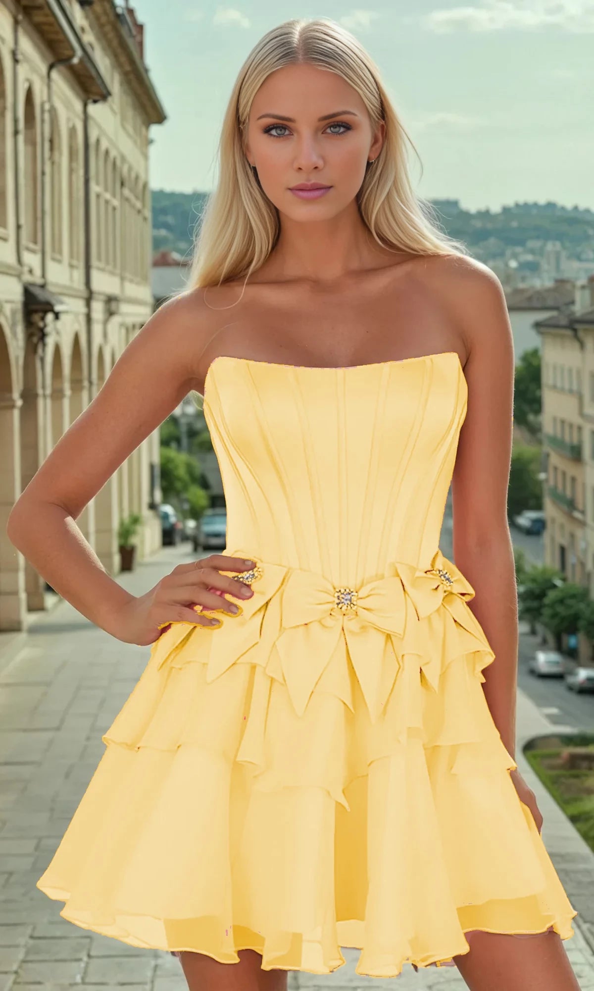 Tiered Hoco Dress with Bow PromGirl Homecoming Dress