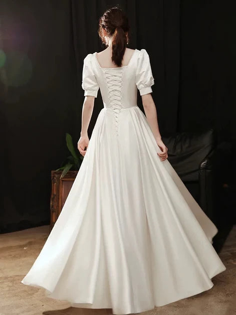 Timeless Ballgown Square-Neck Puff-Sleeve Satin Lace-Up Back Floor-Length Evening Dresses