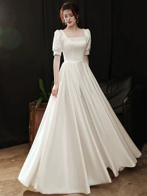 Timeless Ballgown Square-Neck Puff-Sleeve Satin Lace-Up Back Floor-Length Evening Dresses