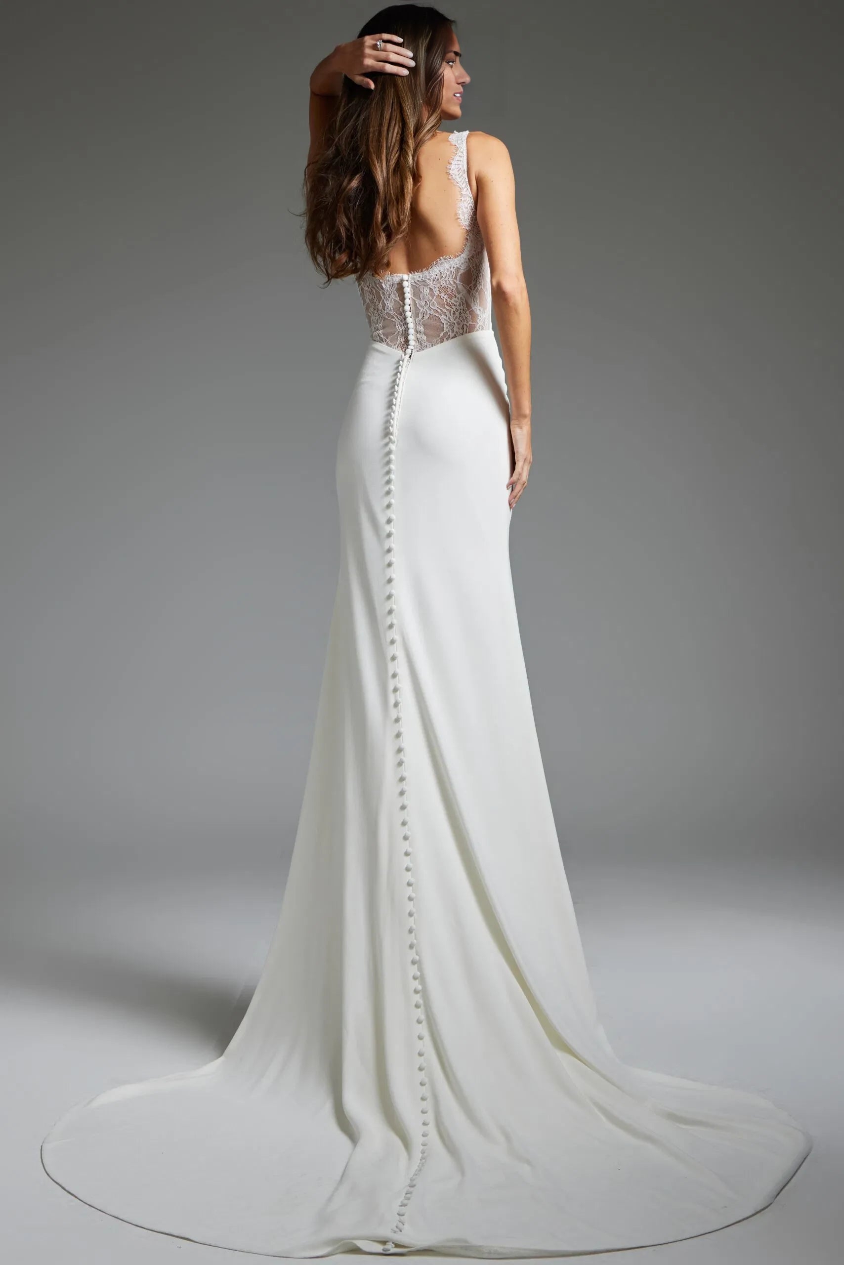 Timeless Mermaid Plunging-V-Neck Sleeveless Lace-Open-Back Train Length Wedding Dresses