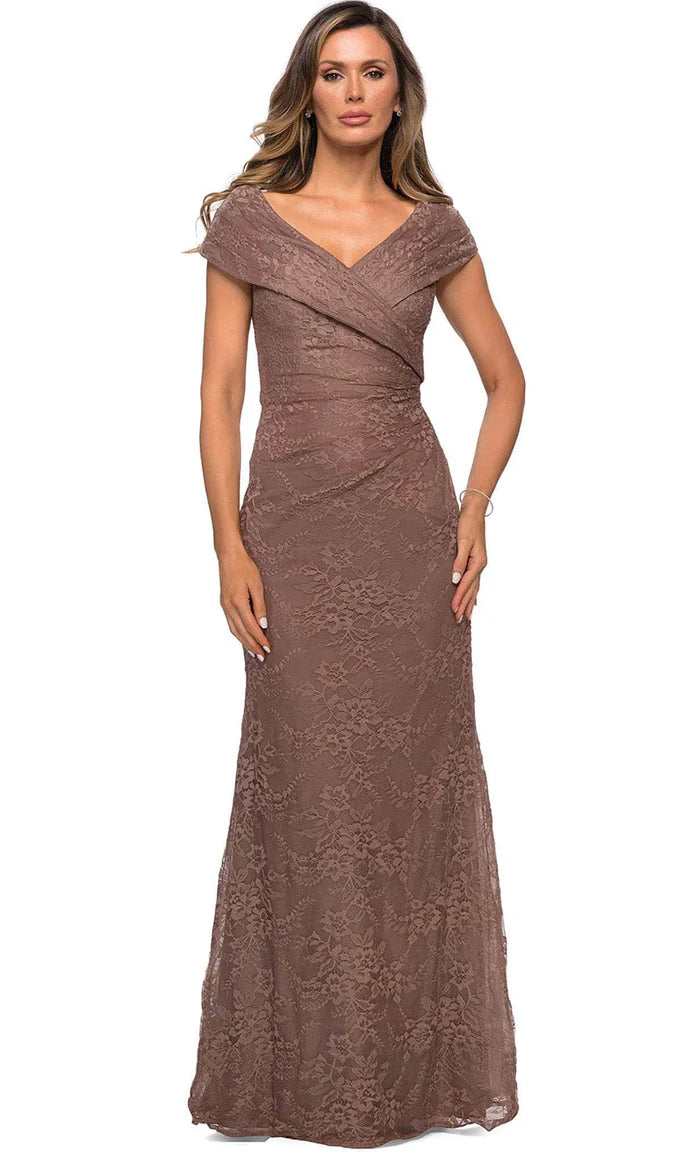 Timeless Mermaid V-Neck Cap-Sleeve Keyhole-Back Mocha Lace Floor-Length Mother of the Bride Dresses