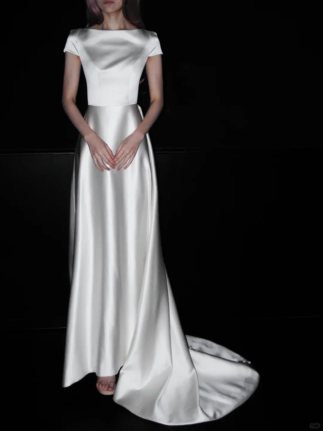 Timeless A-Line Boat Neck Buttoned Back Ivory Satin Gown