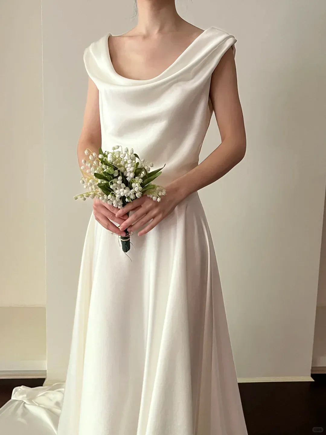 Timeless A-Line Cowl-Neck Cap-Sleeve Ivory Satin Wedding Gown