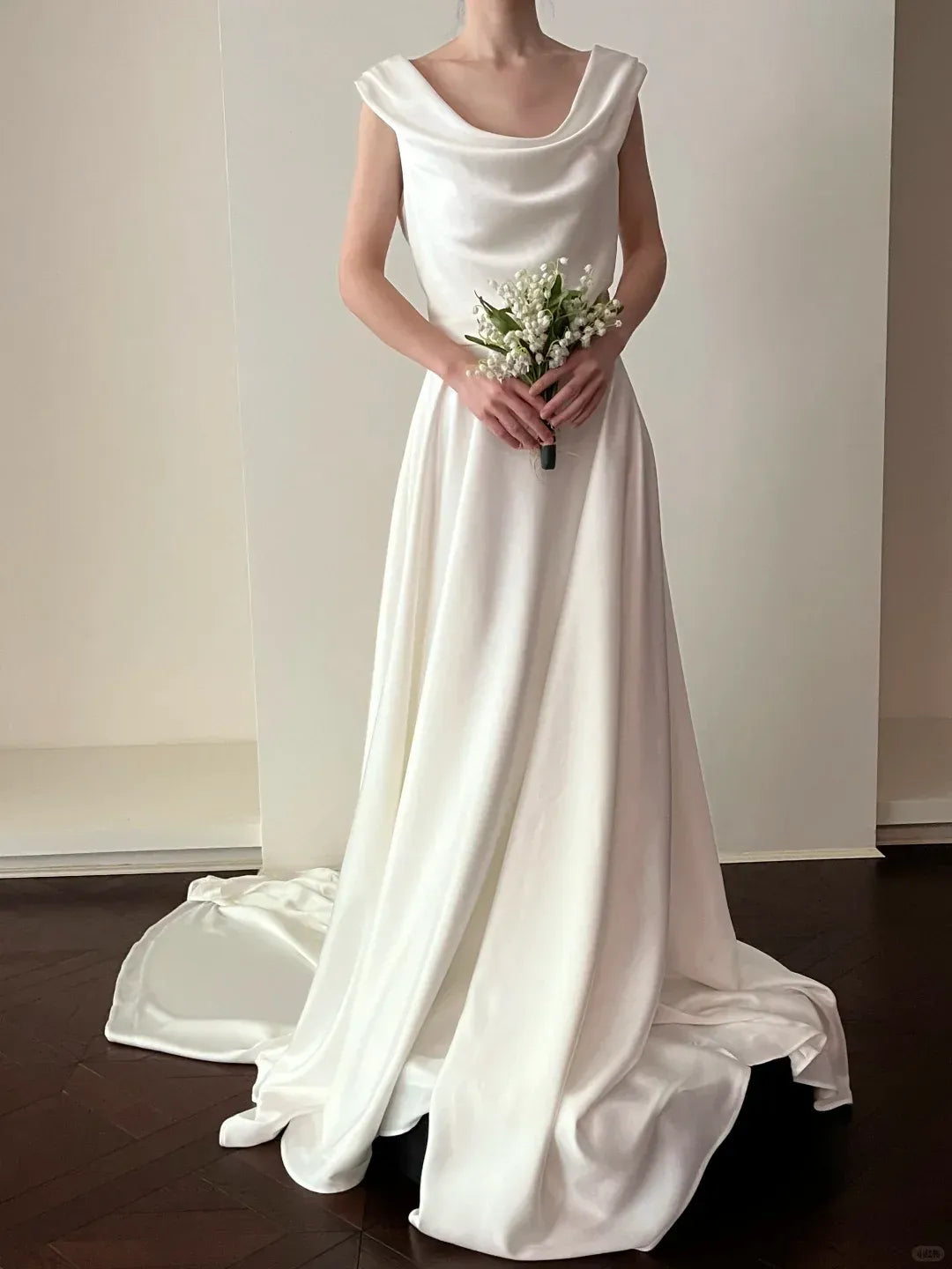 Timeless A-Line Cowl-Neck Cap-Sleeve Ivory Satin Wedding Gown