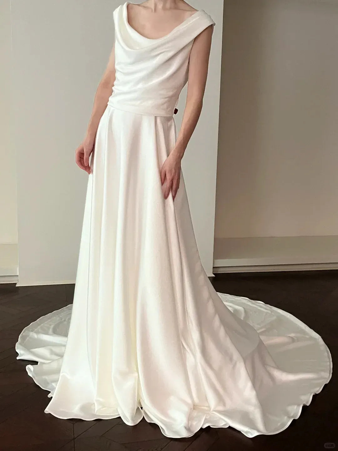 Timeless A-Line Cowl-Neck Cap-Sleeve Ivory Satin Wedding Gown