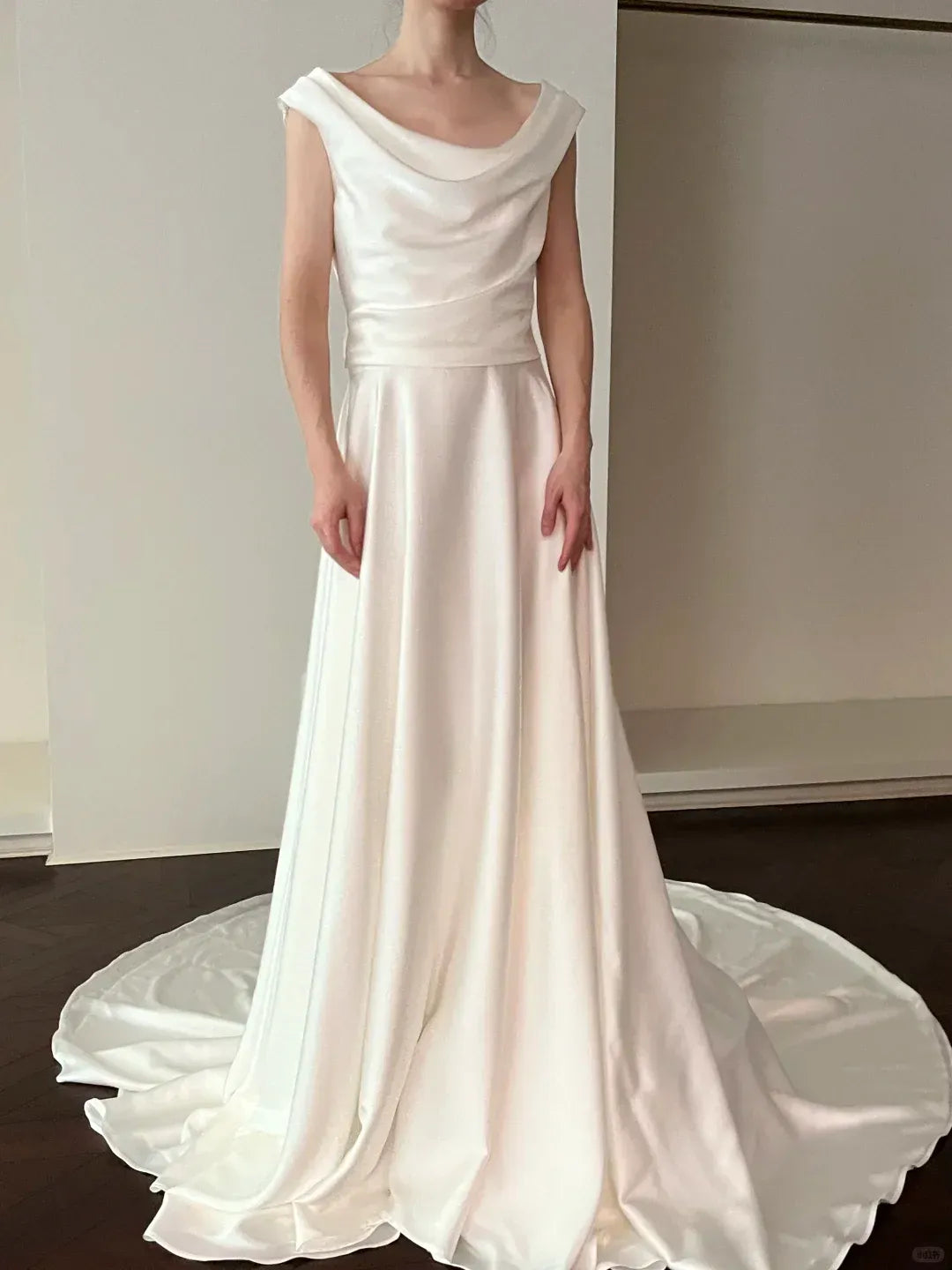 Timeless A-Line Cowl-Neck Cap-Sleeve Ivory Satin Wedding Gown