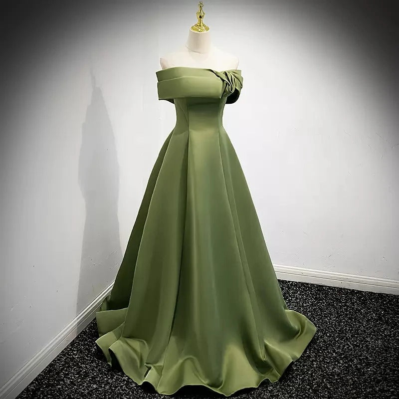 Timeless A-Line Off-the-Shoulder Bow-Detail Lace-Up Olive-Green Satin Prom Dresses