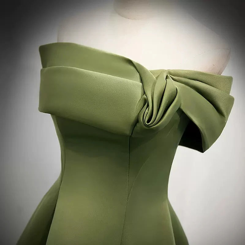 Timeless A-Line Off-the-Shoulder Bow-Detail Lace-Up Olive-Green Satin Prom Dresses