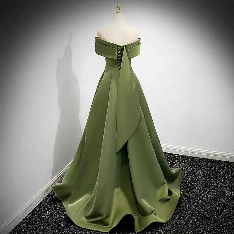 Timeless A-Line Off-the-Shoulder Bow-Detail Lace-Up Olive-Green Satin Prom Dresses
