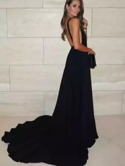 Timeless Black Chiffon Gown with Deep V-Neck & Open Back