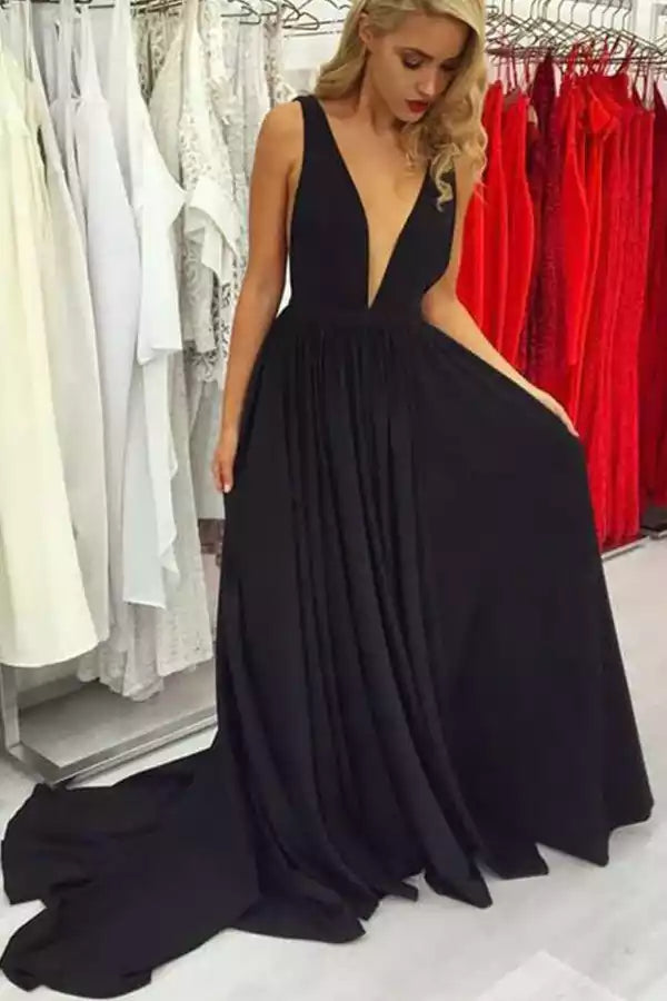 Timeless Black Chiffon Gown with Deep V-Neck & Open Back