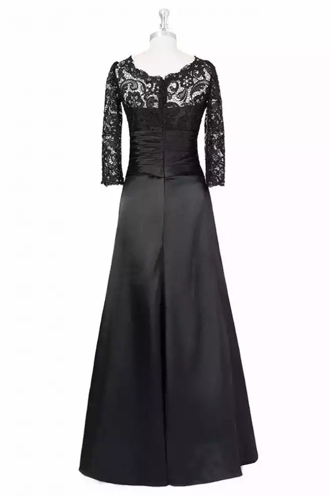 Timeless Black Lace & Satin Gown with Three-Quarter Sleeves