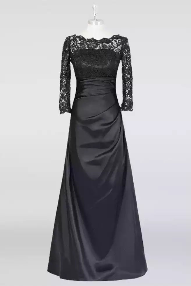 Timeless Black Lace & Satin Gown with Three-Quarter Sleeves