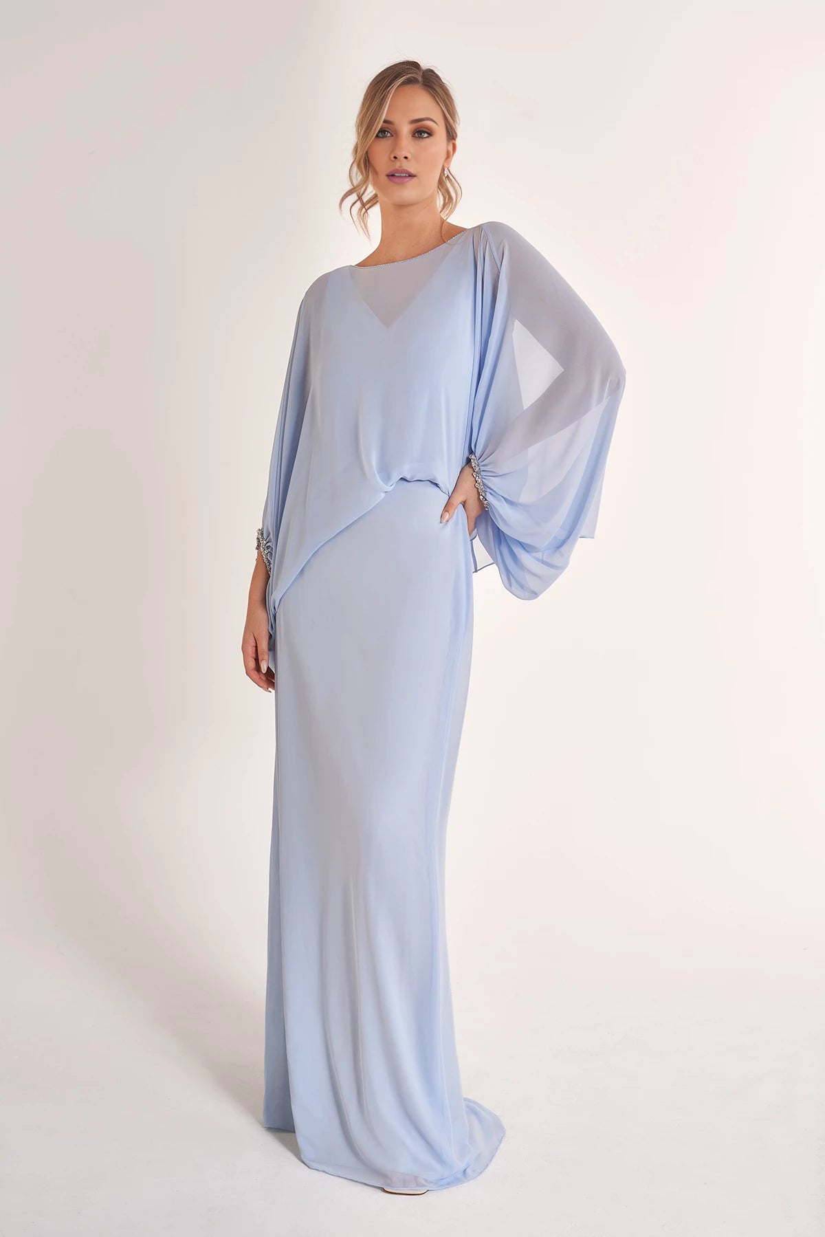 Timeless Jade Chiffon Sheath Gown with Flowing Top and Jewel Trim Cuffs Mother of the Bride Dresses