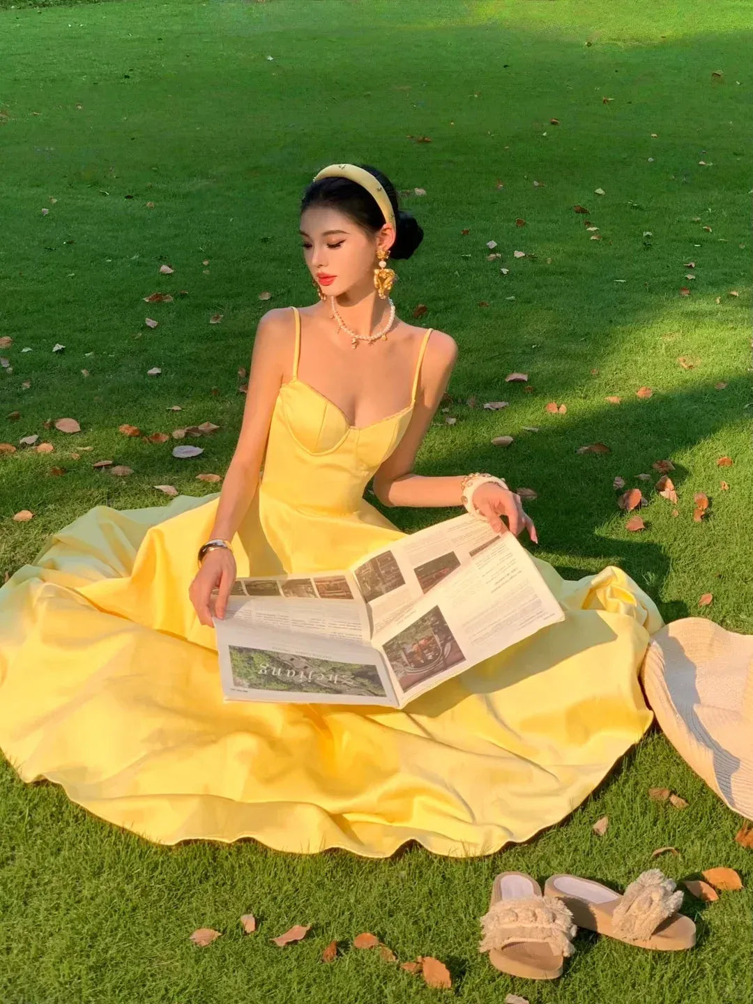 Timeless Lemon Yellow Cotton Corset Spaghetti Strap Midi Dress
