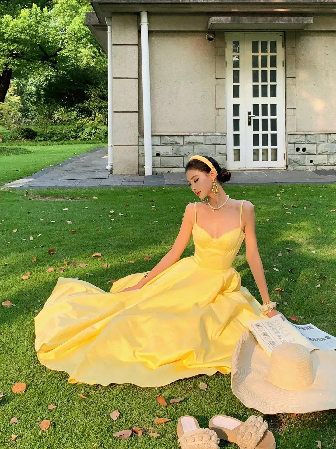 Timeless Lemon Yellow Cotton Corset Spaghetti Strap Midi Dress