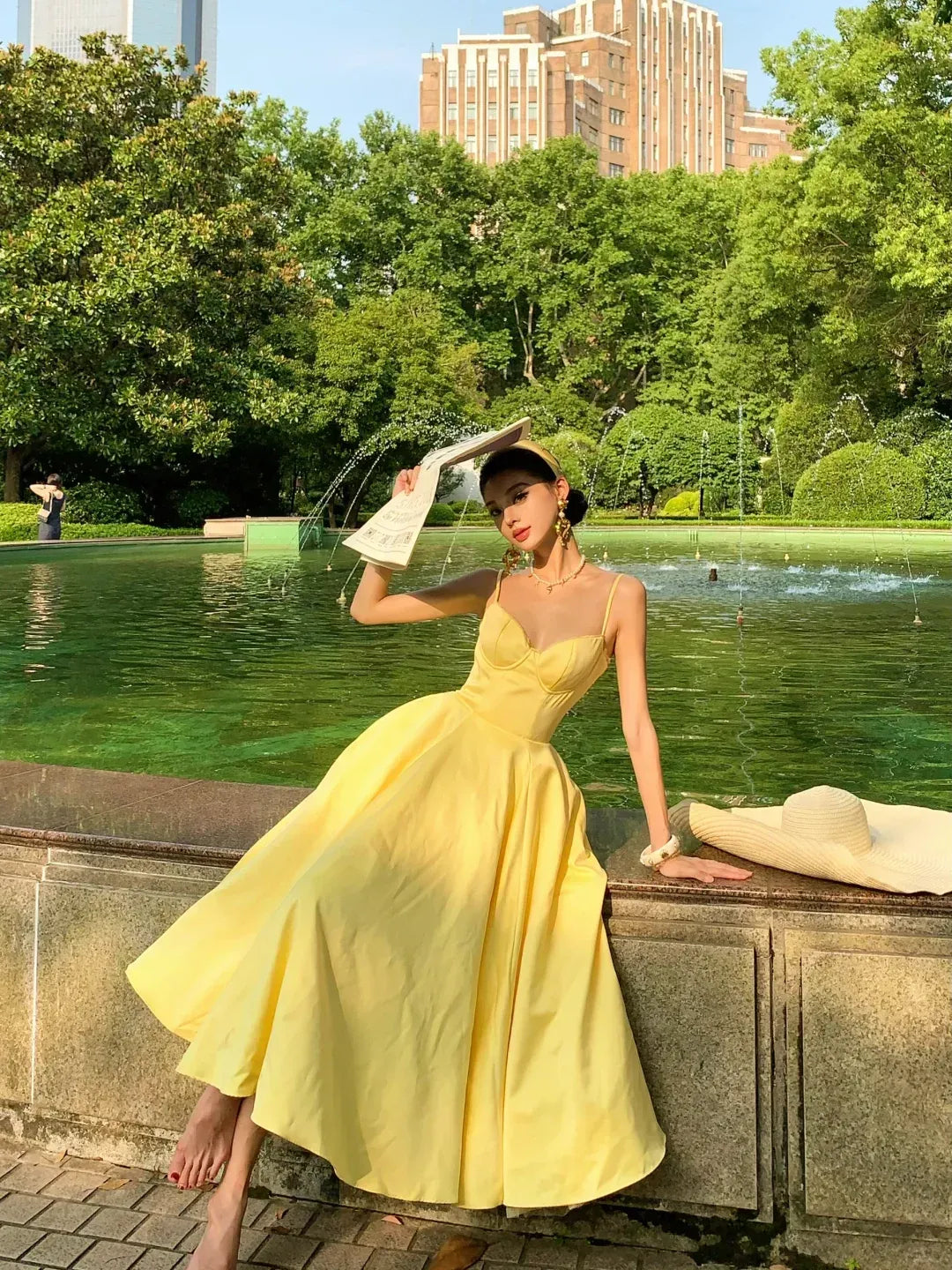 Timeless Lemon Yellow Cotton Corset Spaghetti Strap Midi Dress