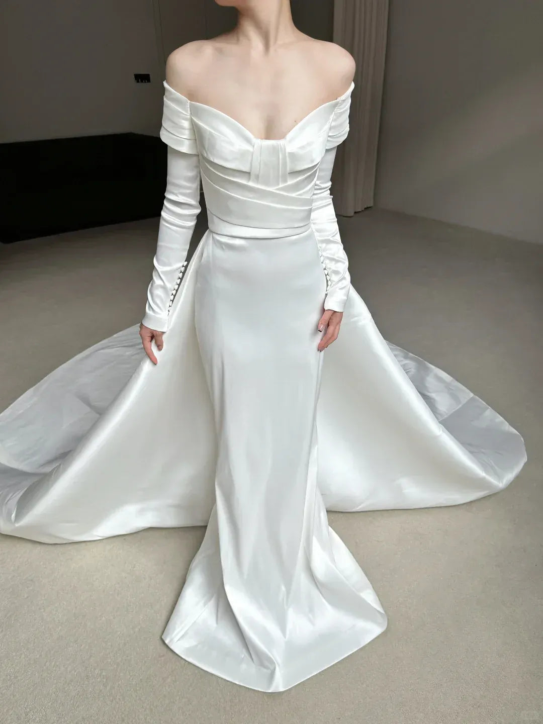 Timeless Off-The-Shoulder Long Sleeve Ivory Satin Ball Gown