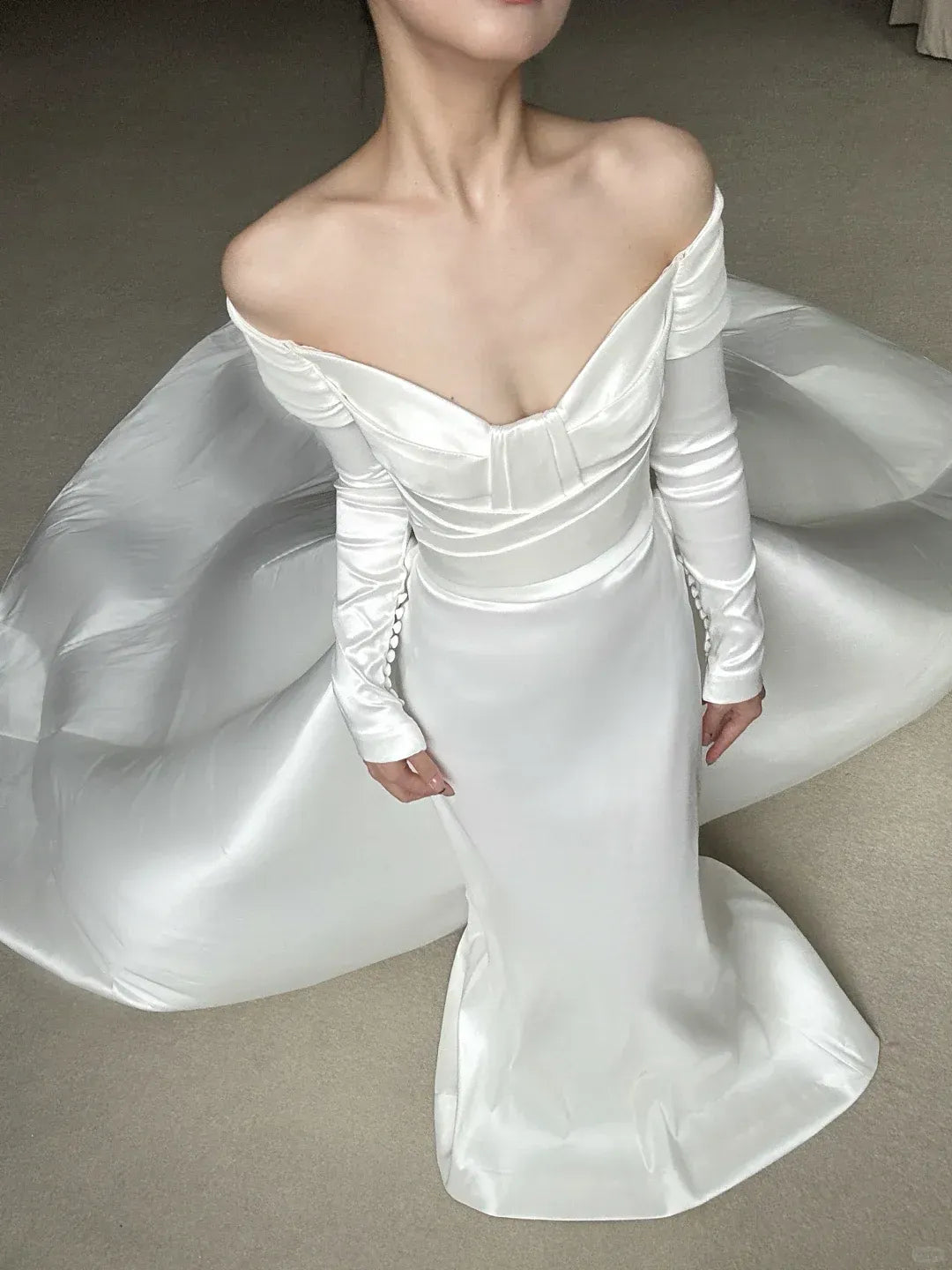 Timeless Off-The-Shoulder Long Sleeve Ivory Satin Ball Gown