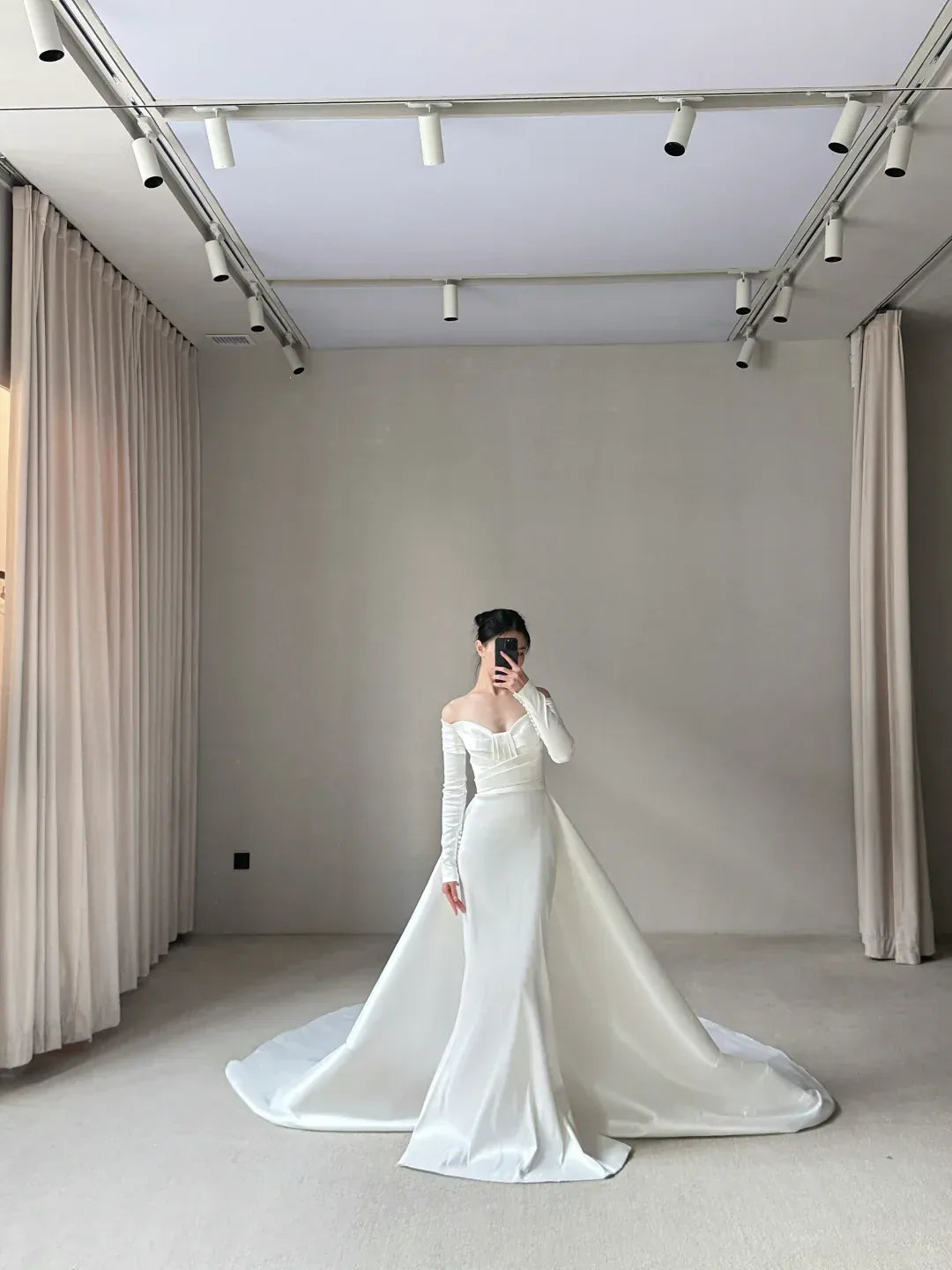 Timeless Off-The-Shoulder Long Sleeve Ivory Satin Ball Gown