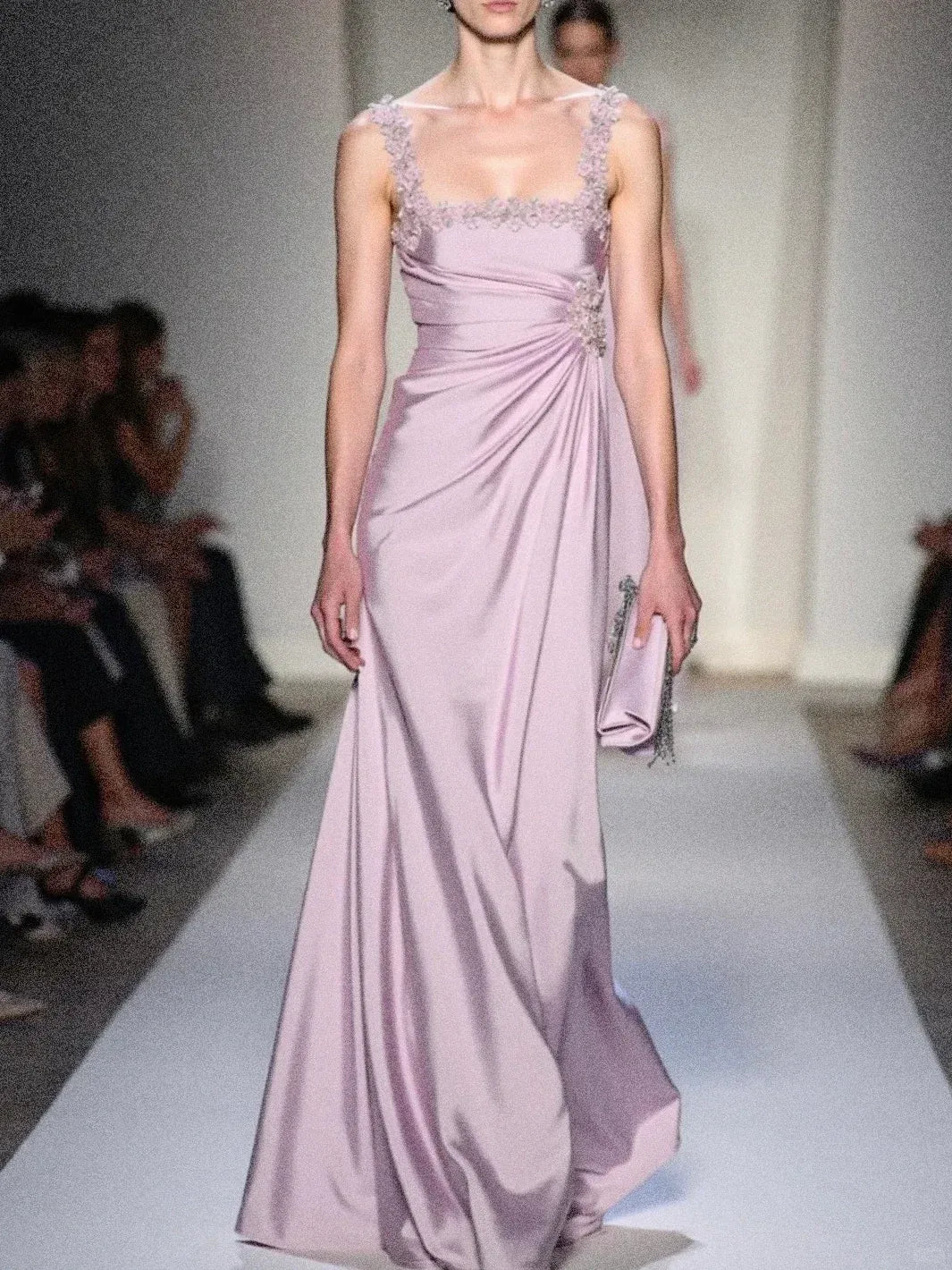 Timeless Sheath Square-Neck Beaded Dusty Rose Satin Gown