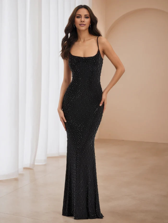 Trumpet Mermaid Black Beading Spaghetti Straps Prom Dresses