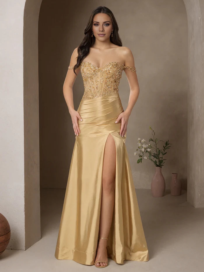 Trumpet Mermaid Off The Shoulder Gold Sequins Sweep Brush Train Prom Dress
