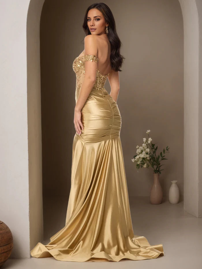 Trumpet Mermaid Off The Shoulder Gold Sequins Sweep Brush Train Prom Dress