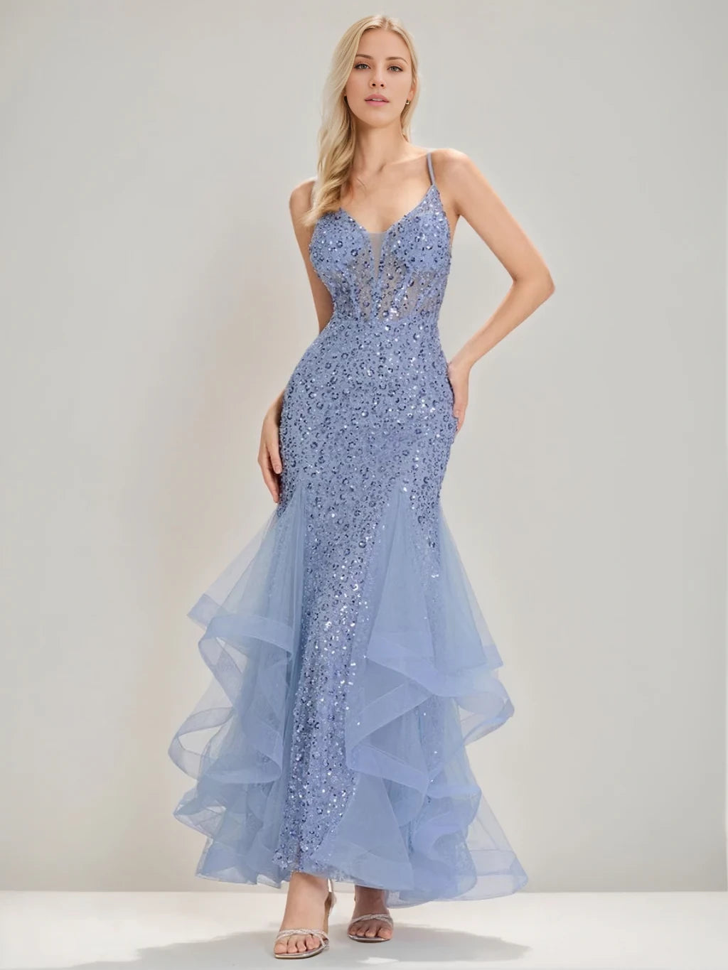 Trumpet/Mermaid Spaghetti Straps Sleeveless Crisscross Back Floor-length Evening Dresses