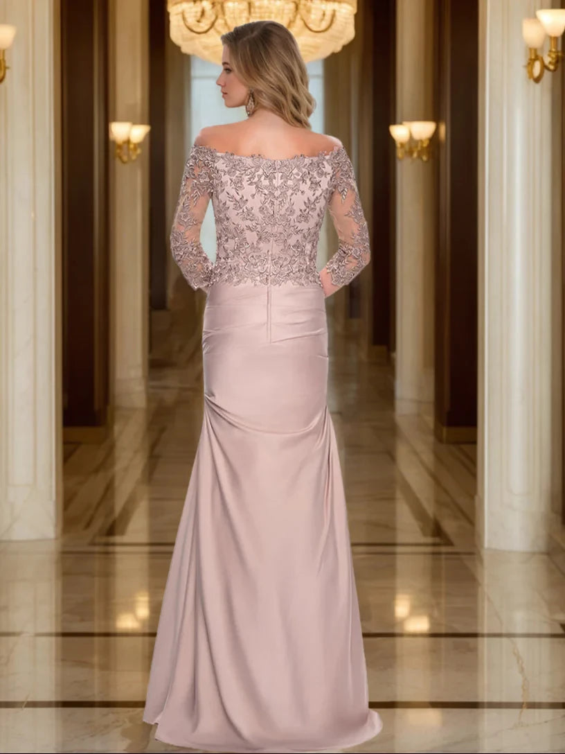 Trumpet/Mermaid V-Neck 3/4 Sleeves Ruched Mother Of The Bride Dresses with Appliques